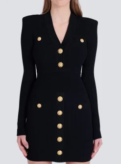 Women Balmain Short Eco-designed Knit Dress With Gold-tone Buttons