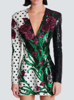 Women Balmain Short Embroidered Roses And Polka Dots Dress