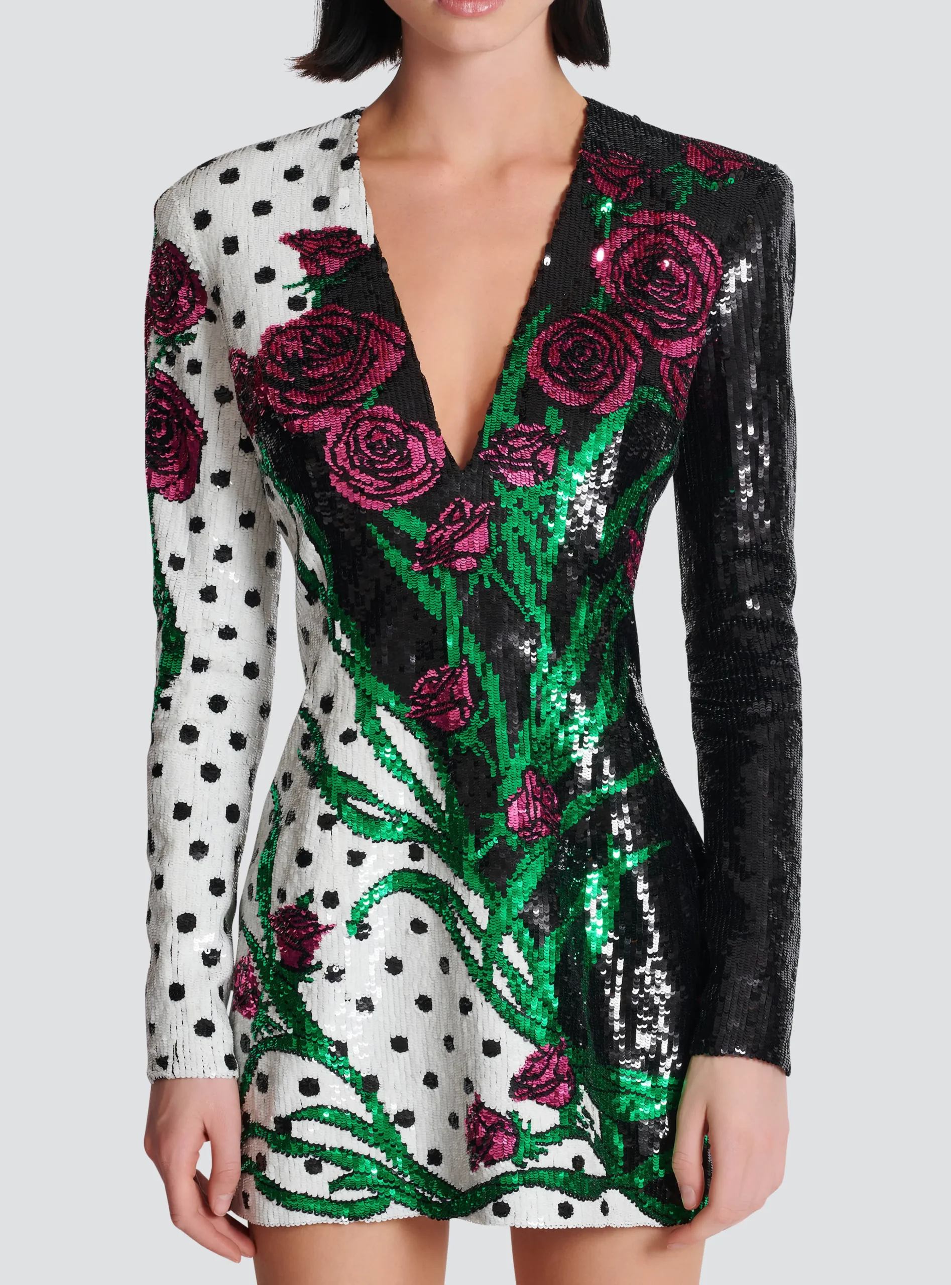 Women Balmain Short Embroidered Roses And Polka Dots Dress