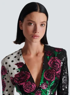 Women Balmain Short Embroidered Roses And Polka Dots Dress