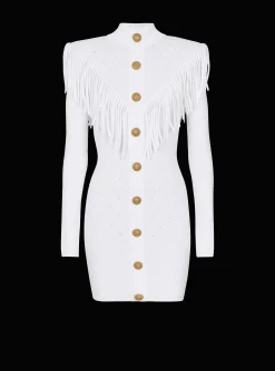 Women Balmain Short Fringed Fine Knit Dress