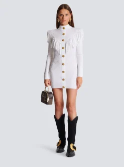 Women Balmain Short Fringed Fine Knit Dress