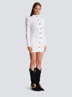 Women Balmain Short Fringed Fine Knit Dress