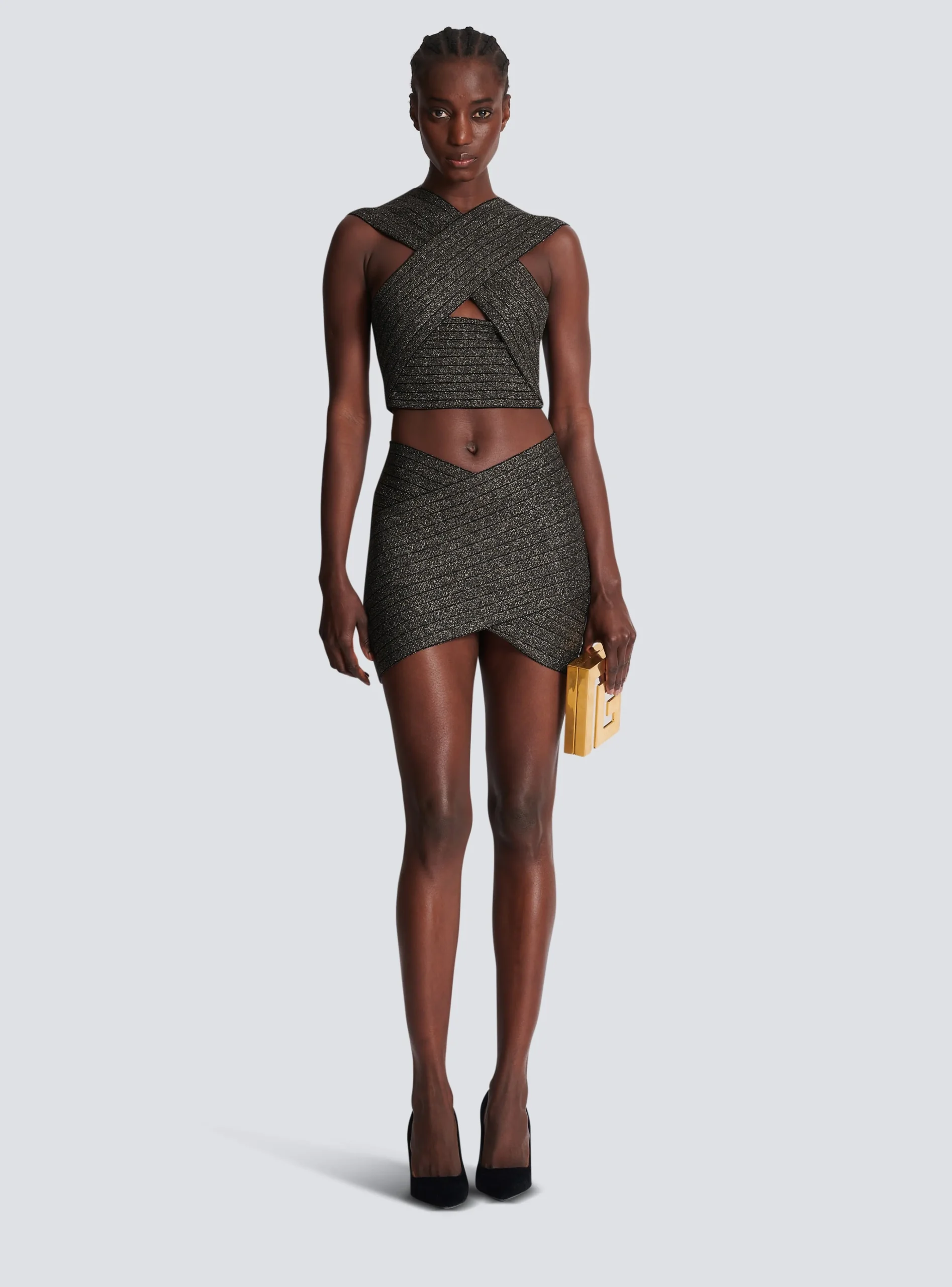 Women Balmain Short Knit Skirt With Stripes