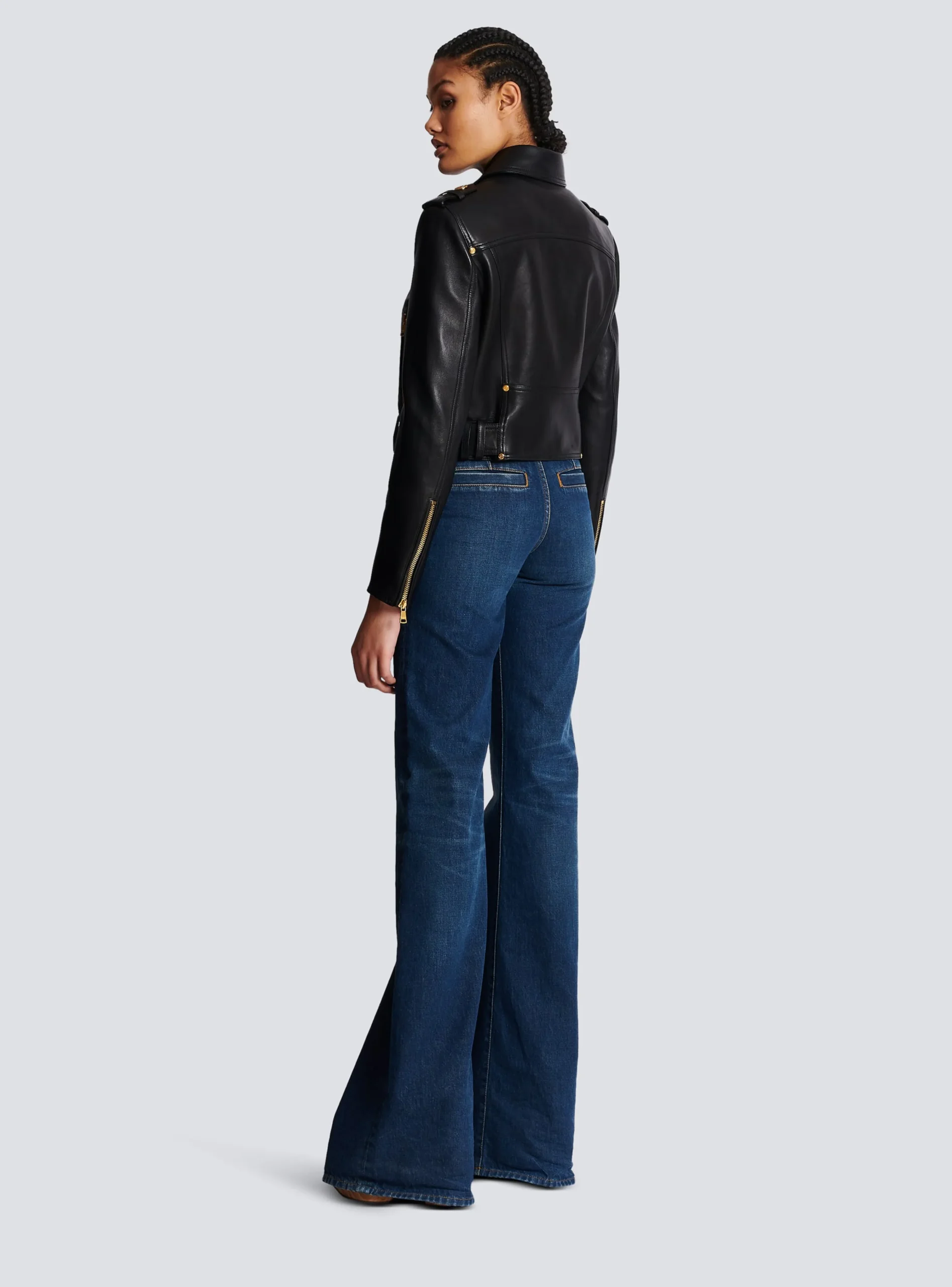 Women Balmain Short Leather Biker Jacket