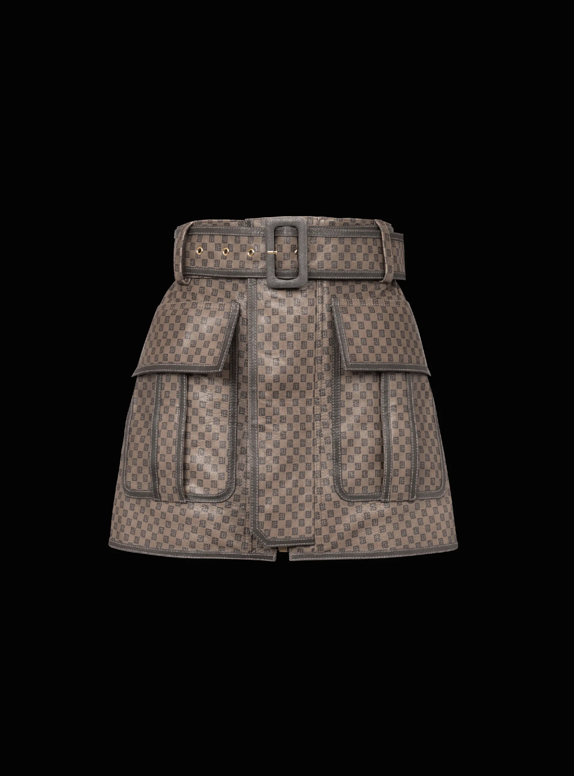 Women Balmain Short Leather Skirt With Mini Monogram Print