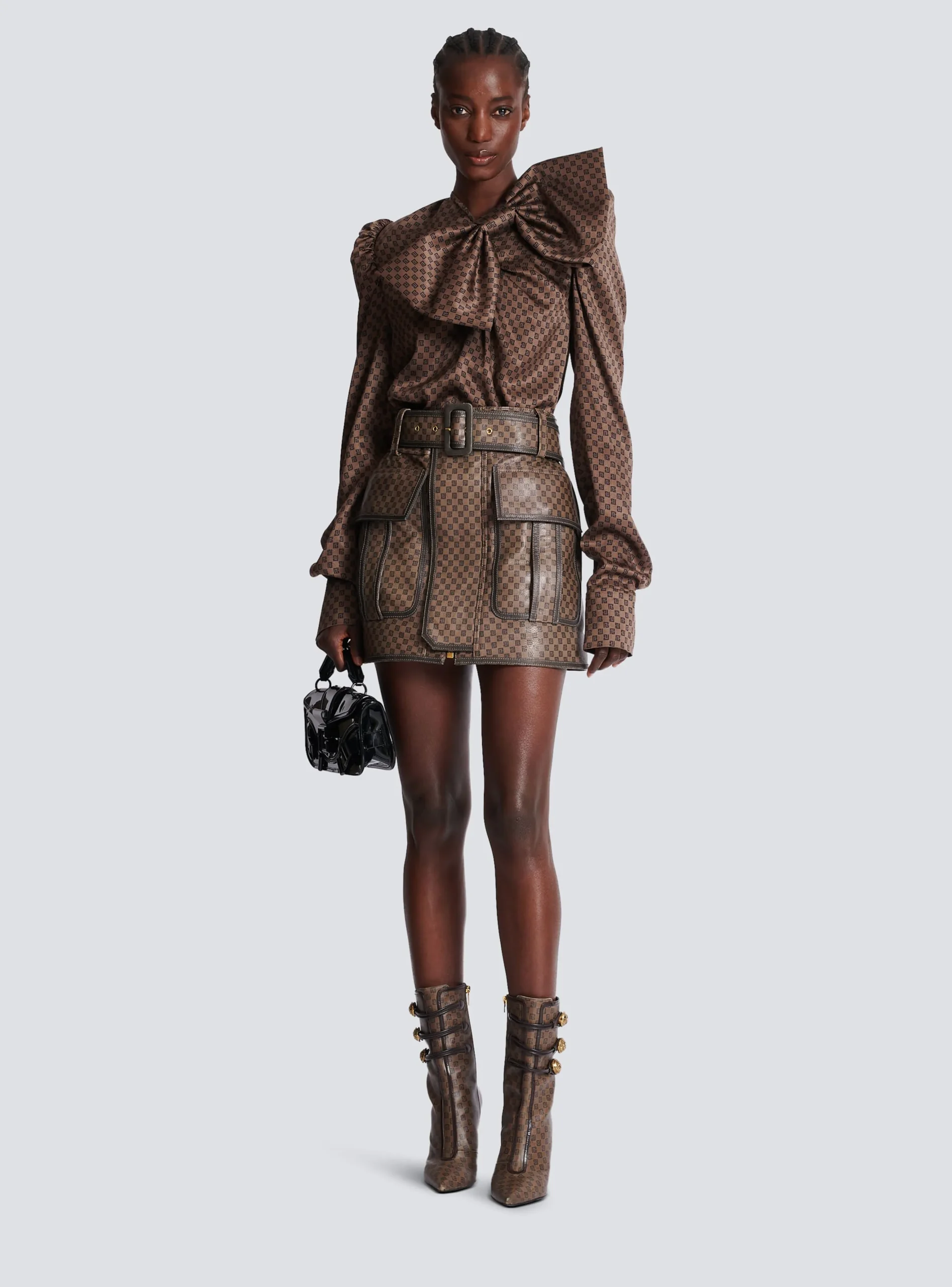 Women Balmain Short Leather Skirt With Mini Monogram Print