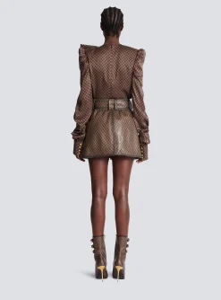 Women Balmain Short Leather Skirt With Mini Monogram Print