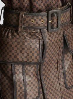Women Balmain Short Leather Skirt With Mini Monogram Print