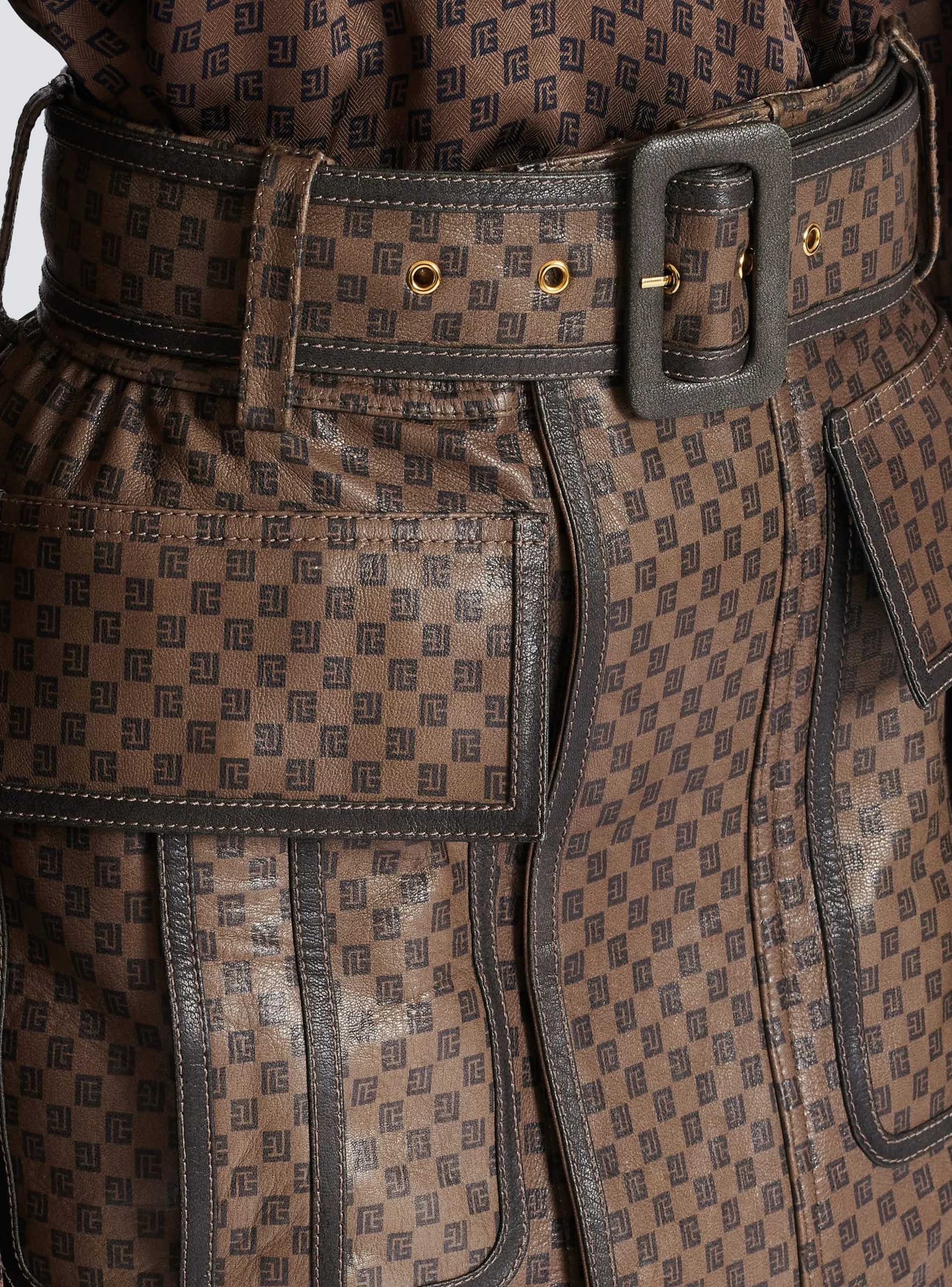 Women Balmain Short Leather Skirt With Mini Monogram Print