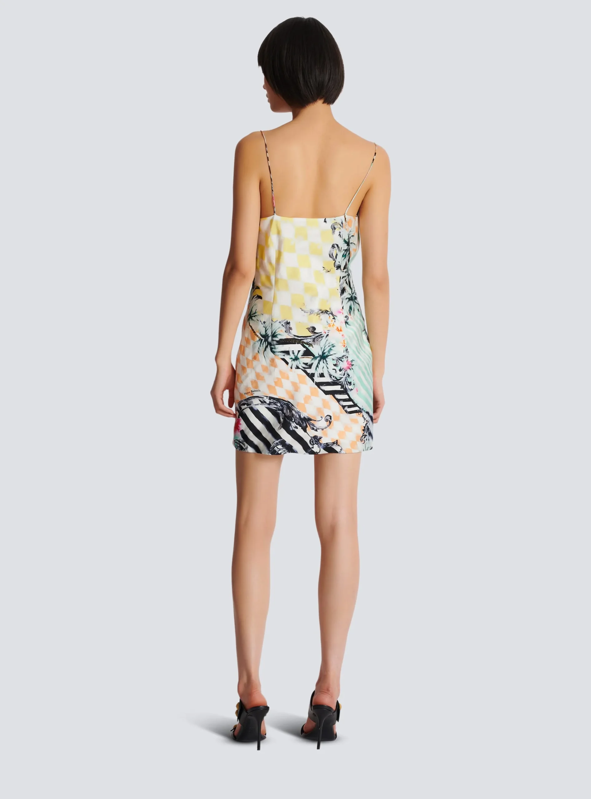Women Balmain Short Satin Slip Dress With Baroque Print