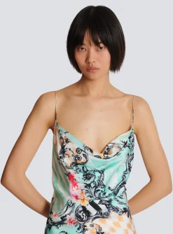 Women Balmain Short Satin Slip Dress With Baroque Print
