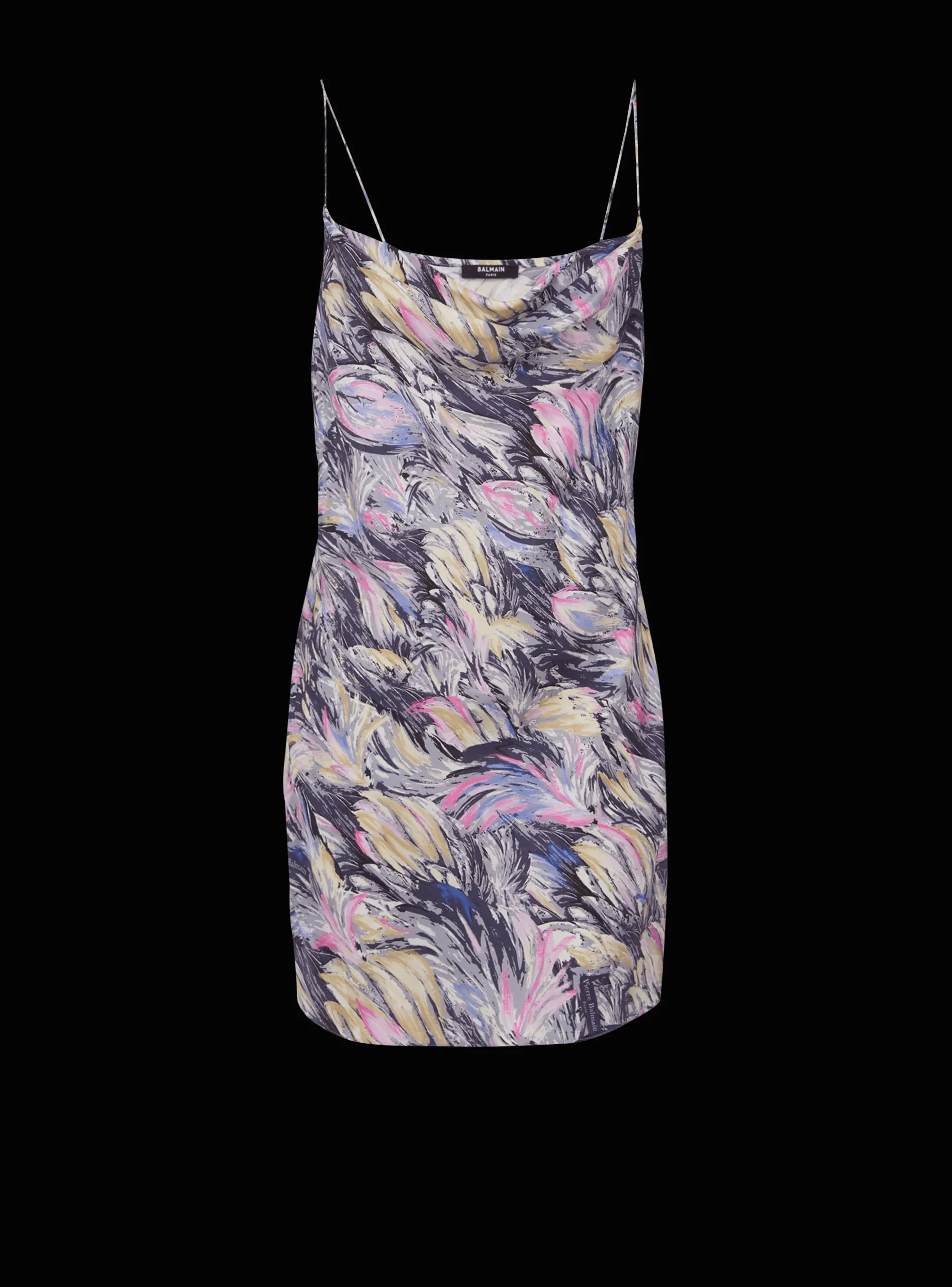 Women Balmain Short Satin Slip Dress With Feather Print