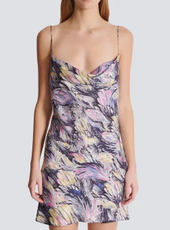 Women Balmain Short Satin Slip Dress With Feather Print
