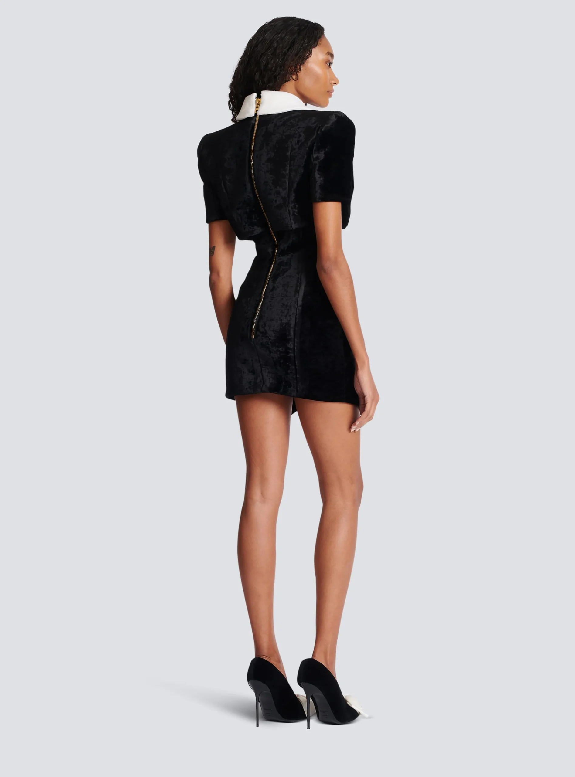 Women Balmain Short Structured Dress In Velvet And Crepe