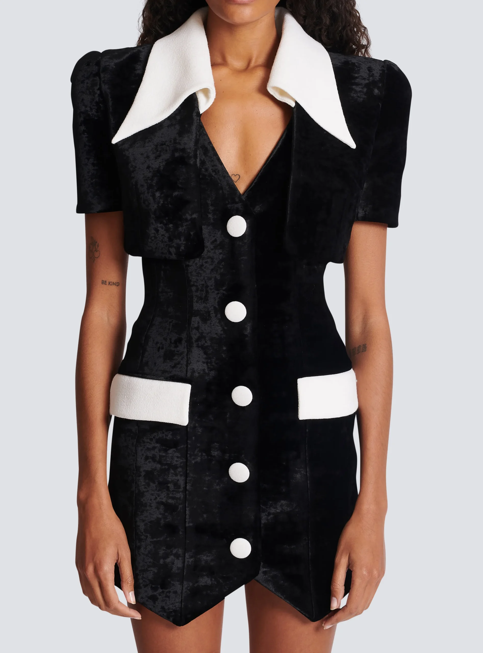 Women Balmain Short Structured Dress In Velvet And Crepe