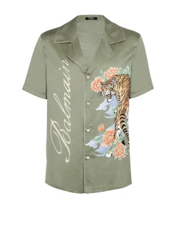 Balmain Short-sleeved Satin Shirt With Tiger Print