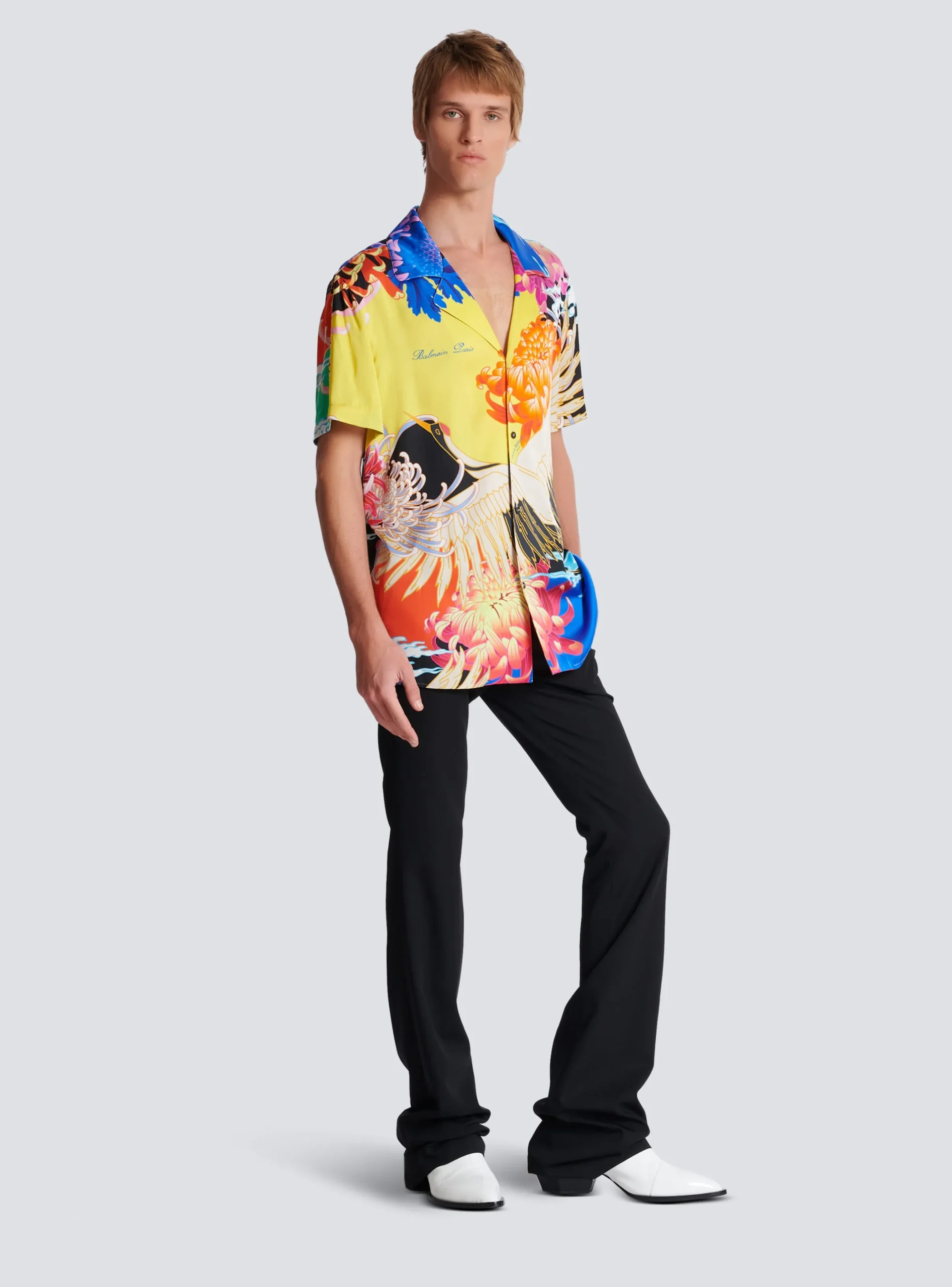 Balmain Short-sleeved Satin Shirt With Crane Print