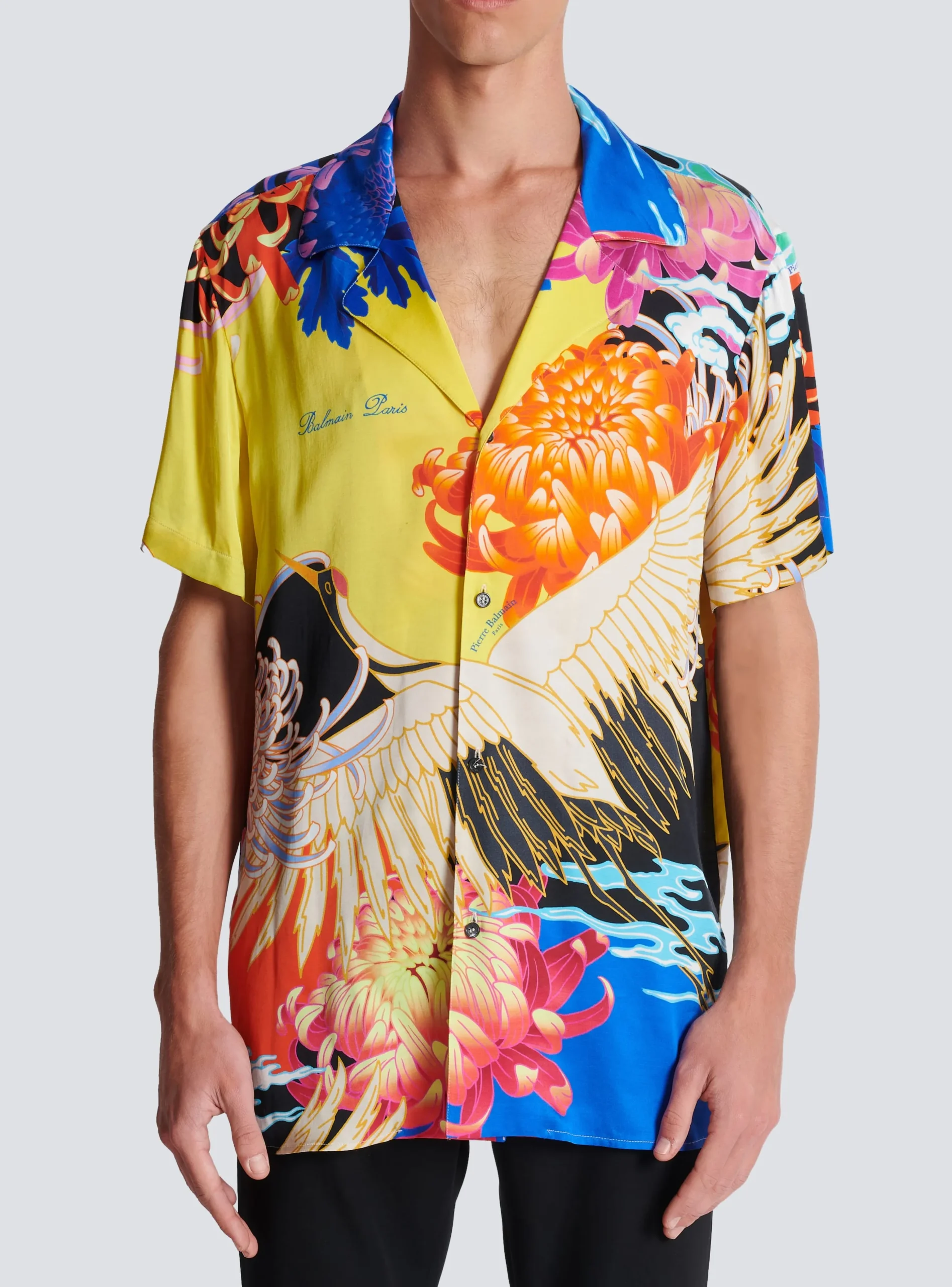 Balmain Short-sleeved Satin Shirt With Crane Print