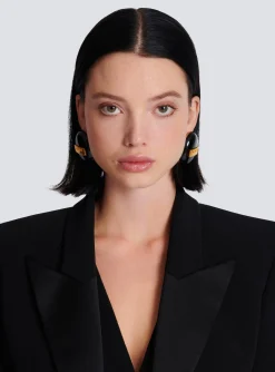 Women Balmain Signature Grid Brass And Enamel Earrings