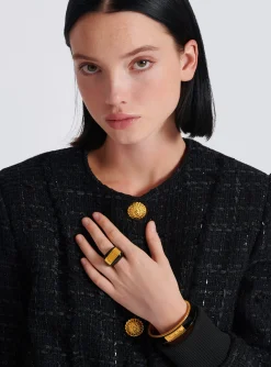Women Balmain Signature Grid Brass And Enamel Ring