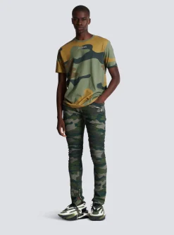 Balmain Slim-fit Jeans In Camouflage Denim With Ribbed Details