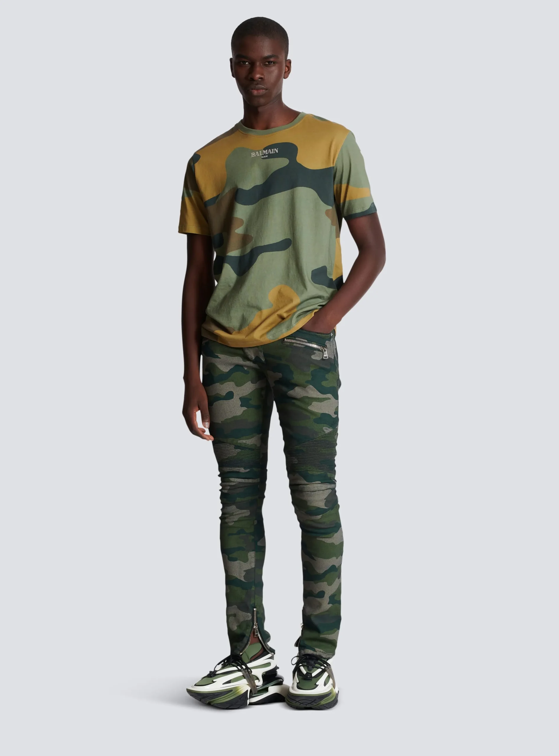 Balmain Slim-fit Jeans In Camouflage Denim With Ribbed Details