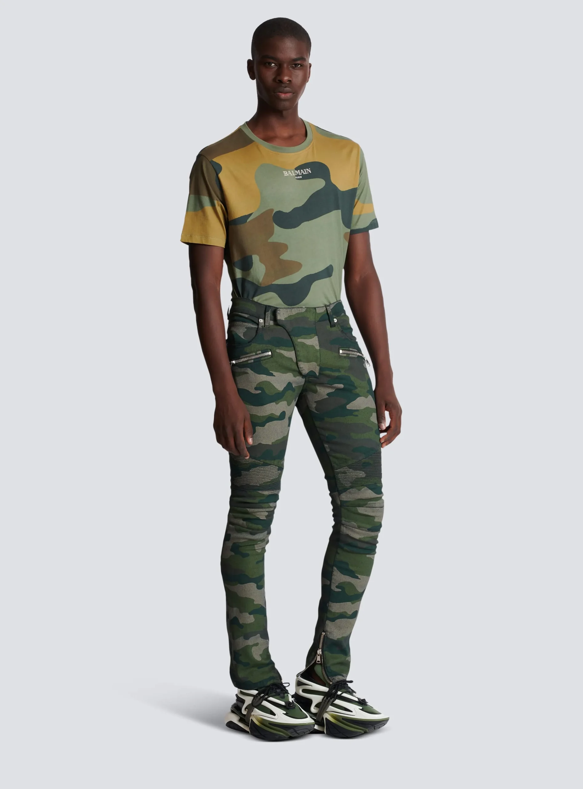 Balmain Slim-fit Jeans In Camouflage Denim With Ribbed Details