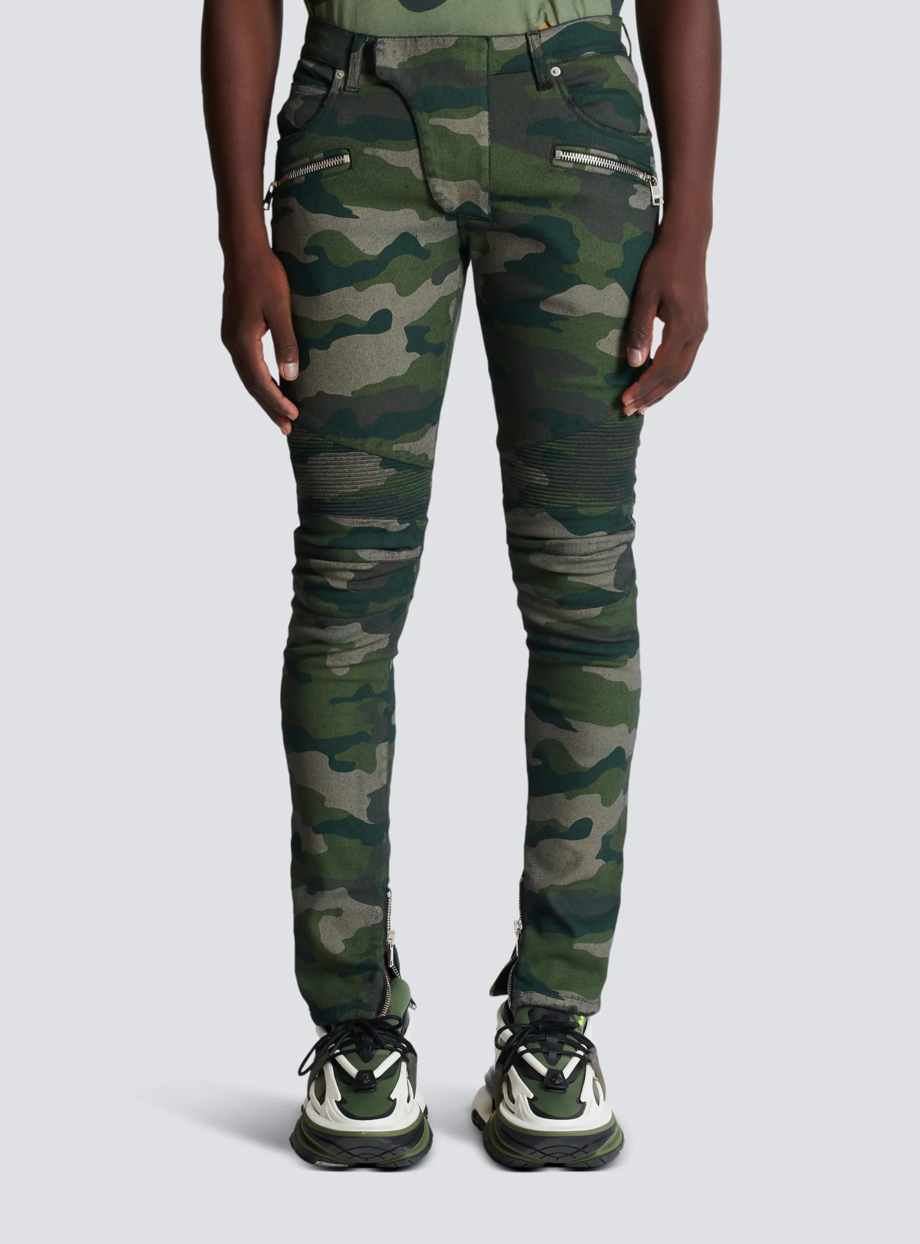 Balmain Slim-fit Jeans In Camouflage Denim With Ribbed Details