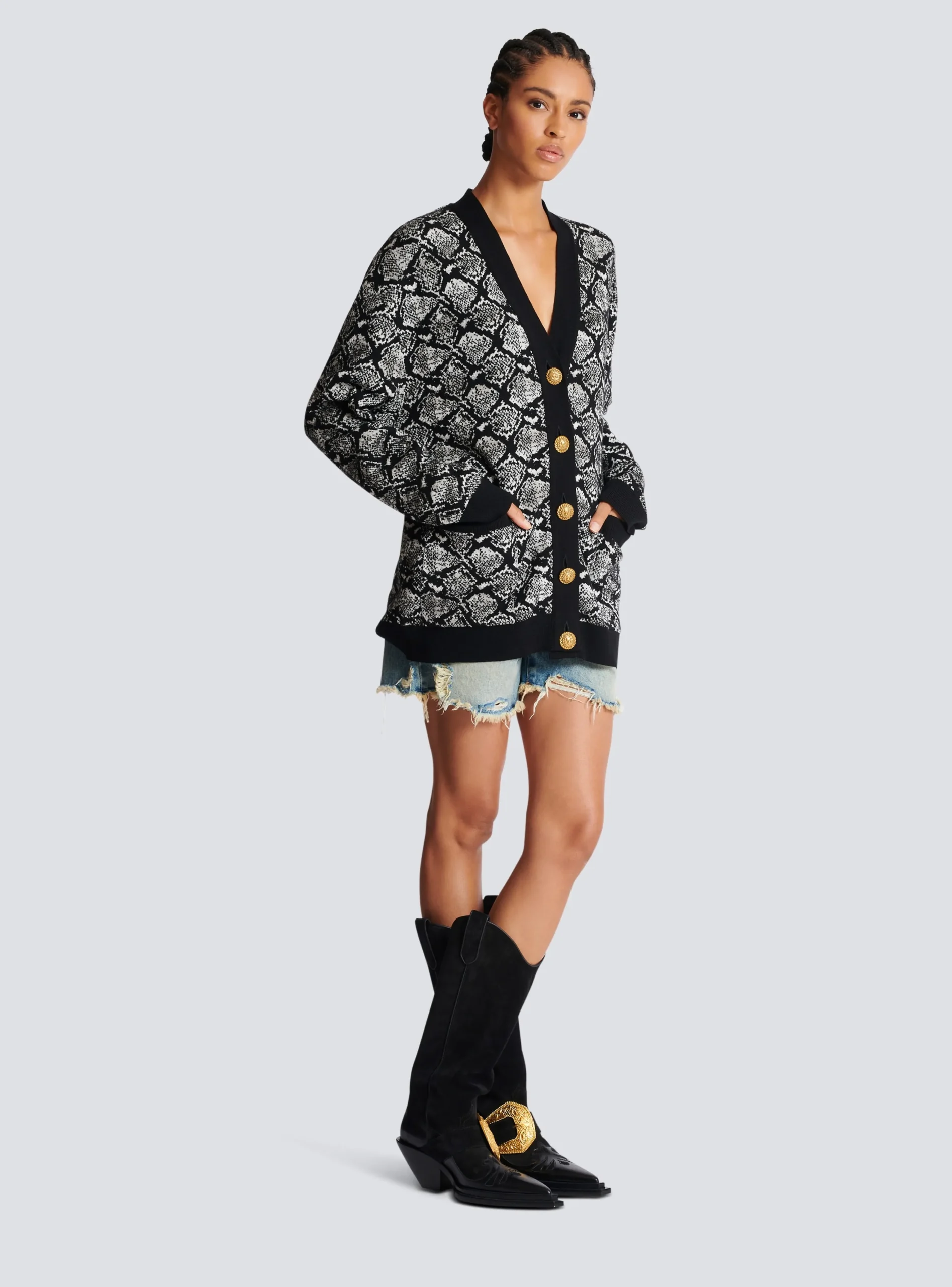 Women Balmain Snakeskin Jacquard Knit Cardigan