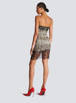 Women Balmain Snakeskin Silk And Lace Spaghetti Strap Dress
