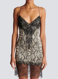 Women Balmain Snakeskin Silk And Lace Spaghetti Strap Dress