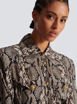 Women Balmain Snakeskin Silk Shirt Dress