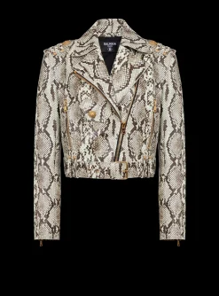 Women Balmain Snakeskin-effect Leather Biker Jacket