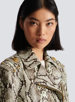 Women Balmain Snakeskin-effect Leather Biker Jacket