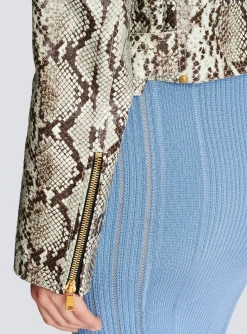 Women Balmain Snakeskin-effect Leather Biker Jacket