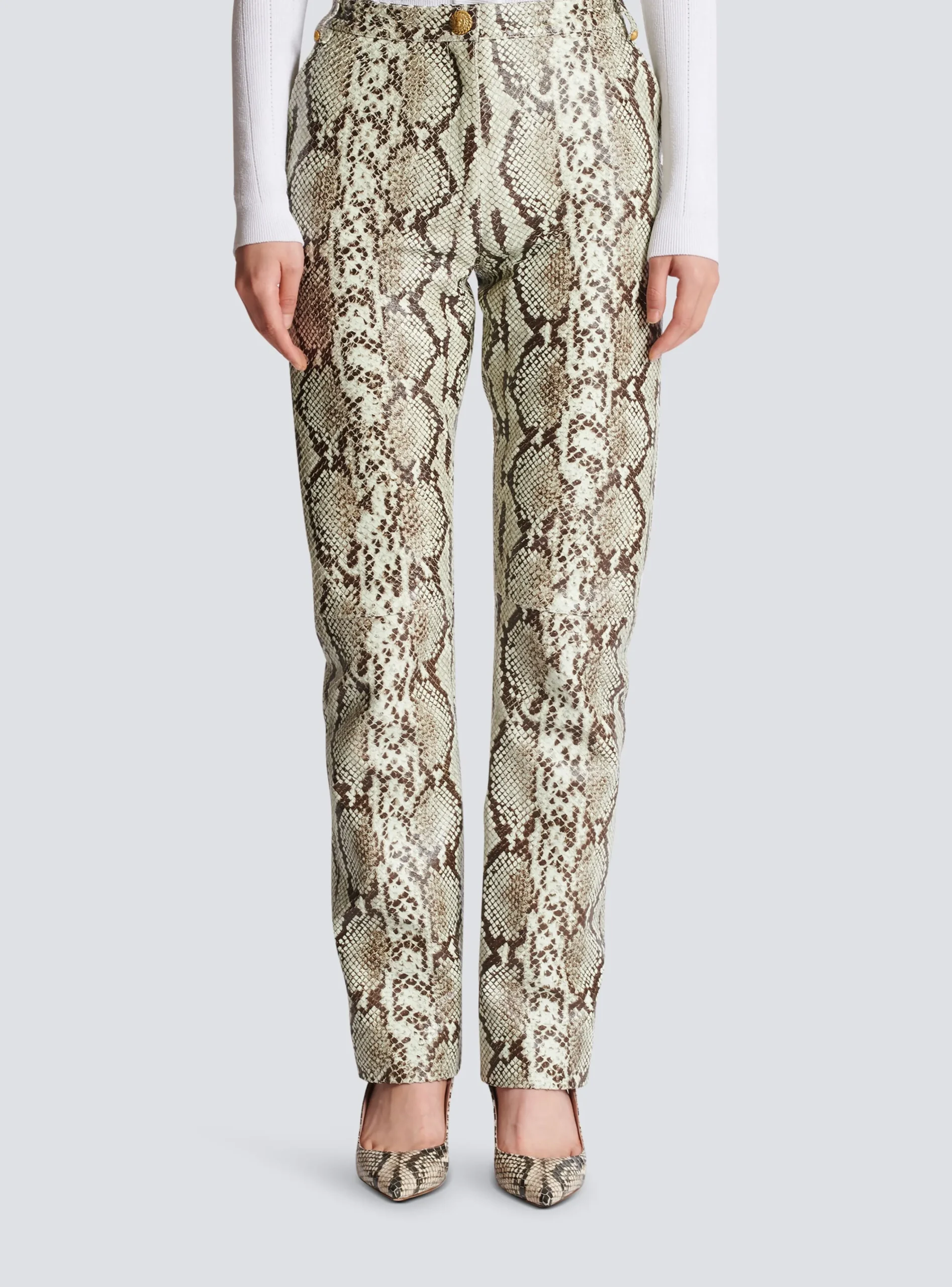 Women Balmain Snakeskin-effect Leather Trousers