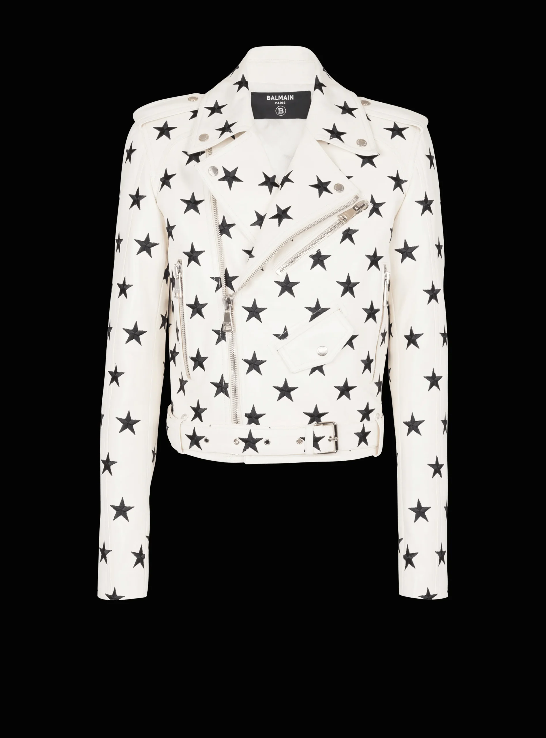 Balmain Stars Biker Jacket In Embroidered Leather