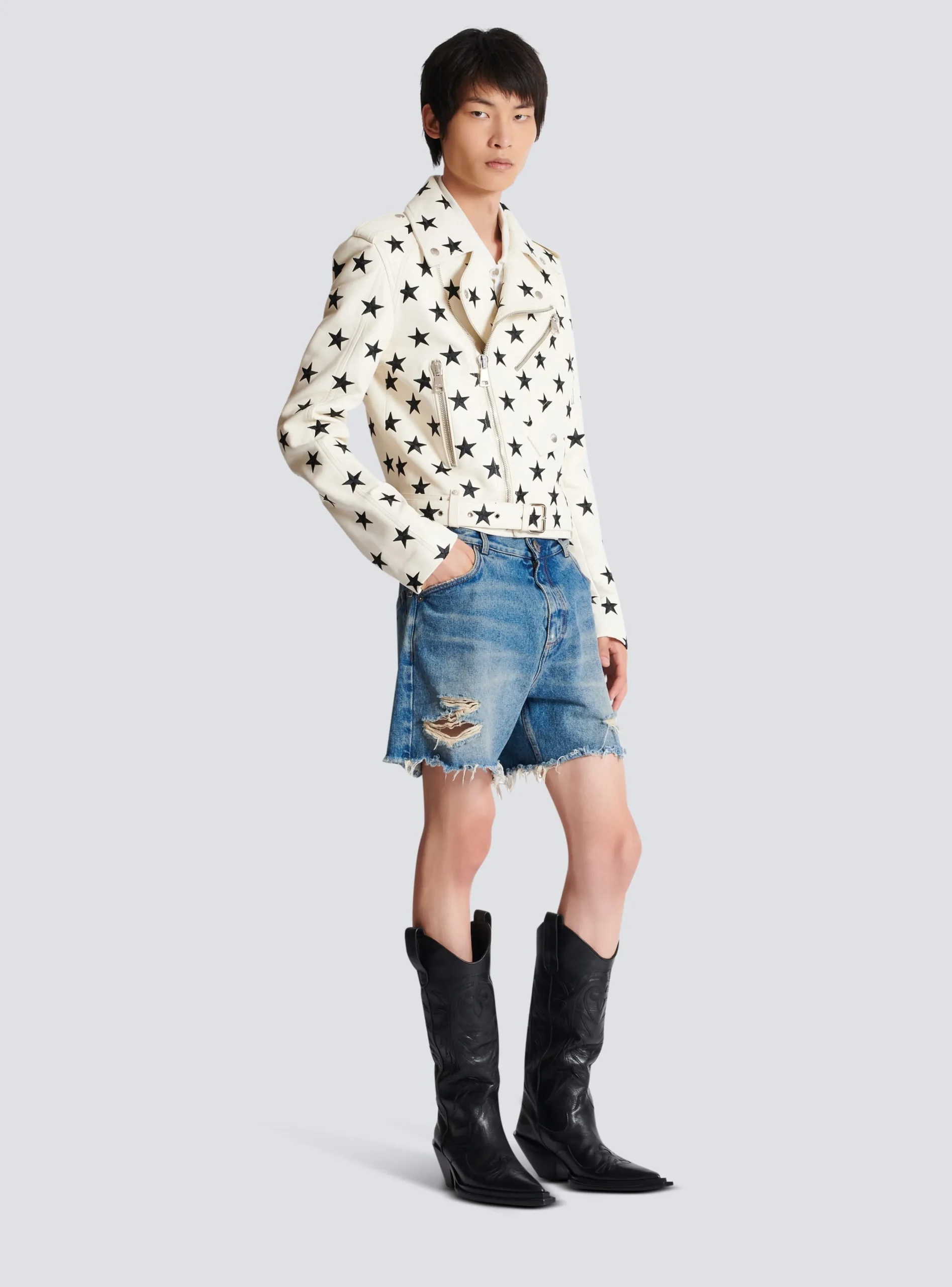 Balmain Stars Biker Jacket In Embroidered Leather