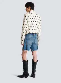 Balmain Stars Biker Jacket In Embroidered Leather