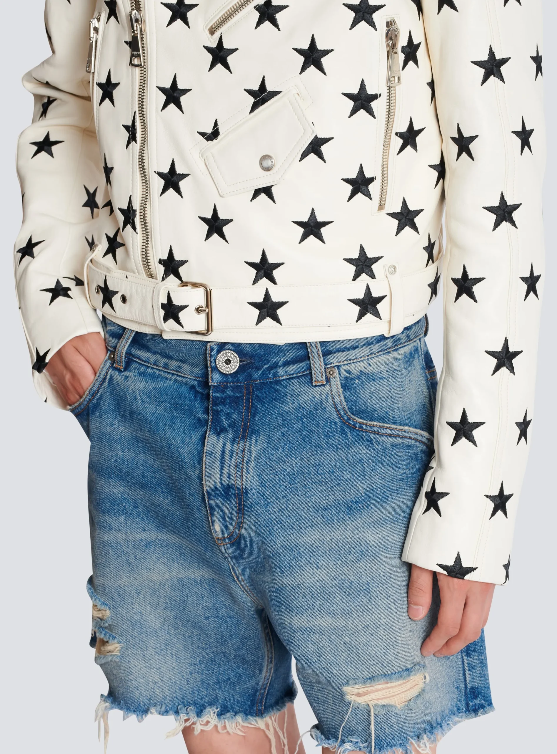 Balmain Stars Biker Jacket In Embroidered Leather