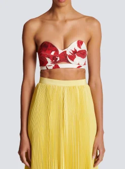 Women Balmain Strapless Crop Top With Roses Print