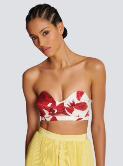 Women Balmain Strapless Crop Top With Roses Print