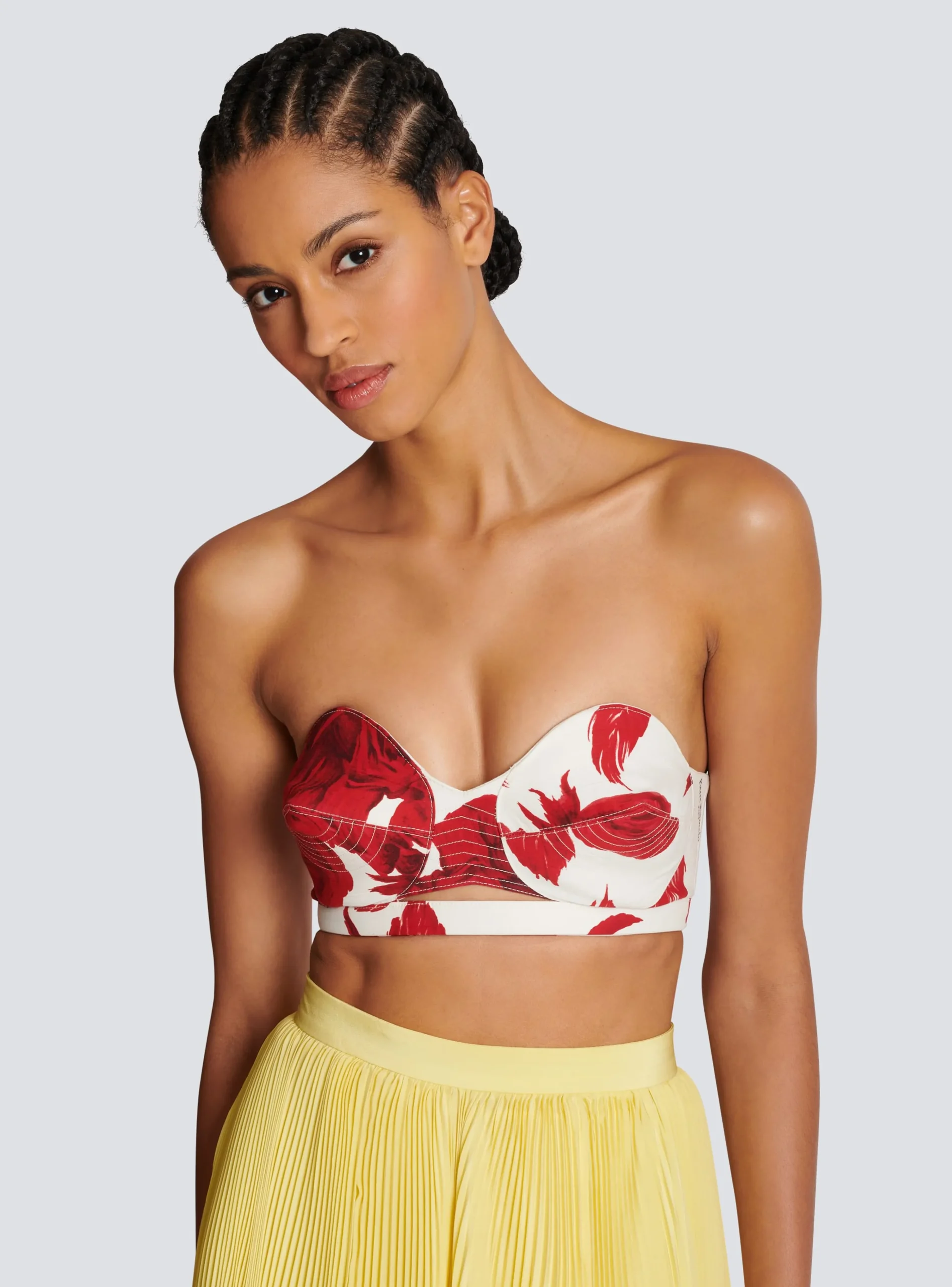 Women Balmain Strapless Crop Top With Roses Print