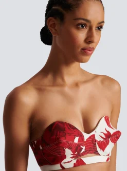 Women Balmain Strapless Crop Top With Roses Print