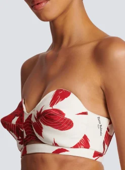 Women Balmain Strapless Crop Top With Roses Print
