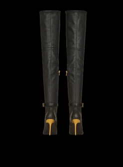 Women Balmain Stretch Leather Raven Thigh-high Boots