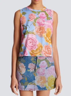 Women Balmain Tank Top With Pastel Roses Print