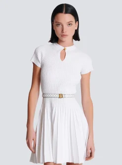 Women Balmain Thin Reversible Calfskin B-Belt With Polka Dots Print