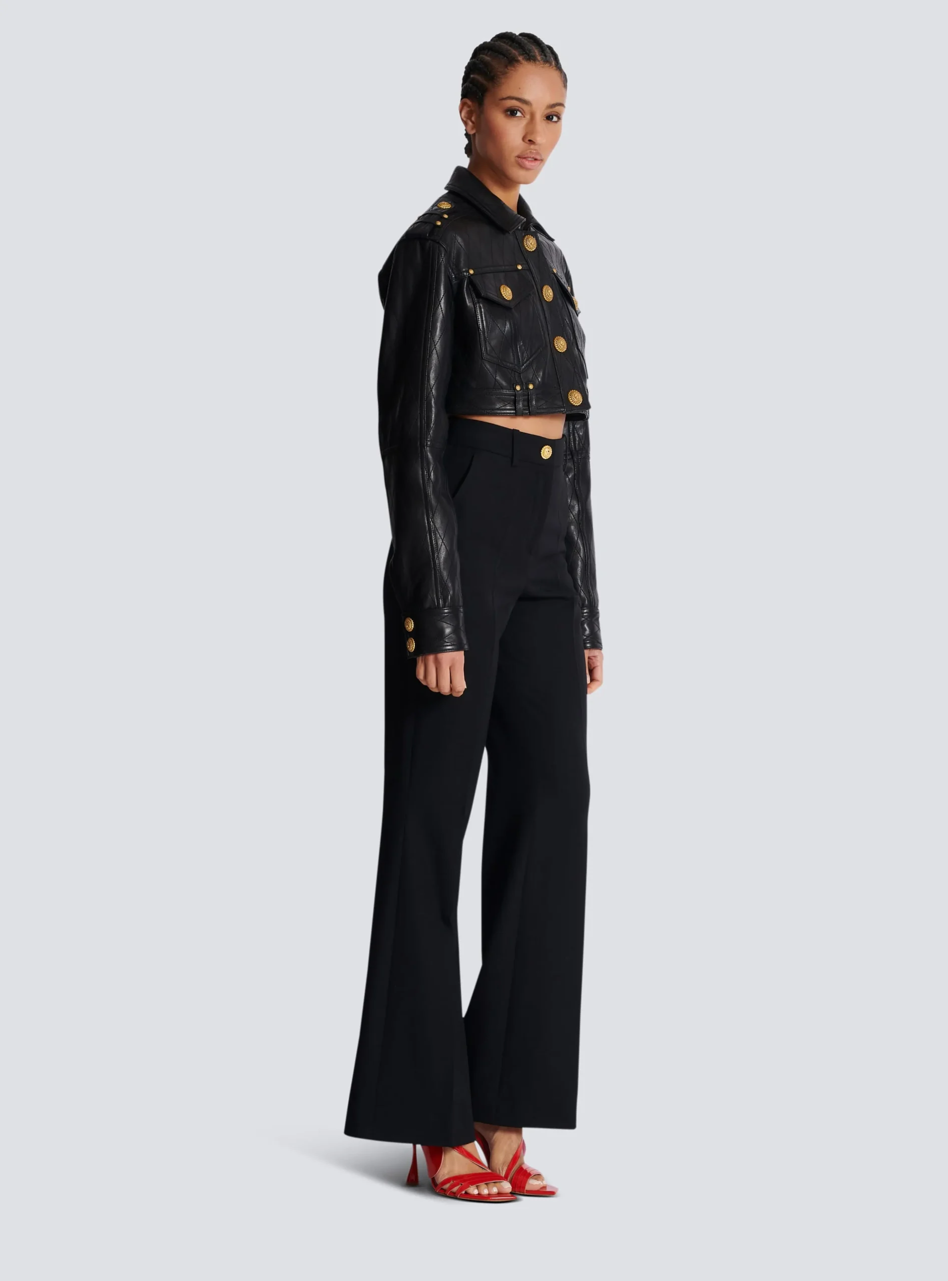 Women Balmain Topstitched Cropped Leather Jacket
